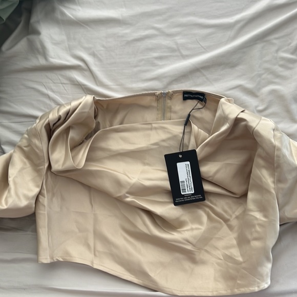 PLT - Cowl Neck Shoulder Pad Long Sleeve Crop Top - Champagne Satin SIZE 10 - Picture 3 of 5